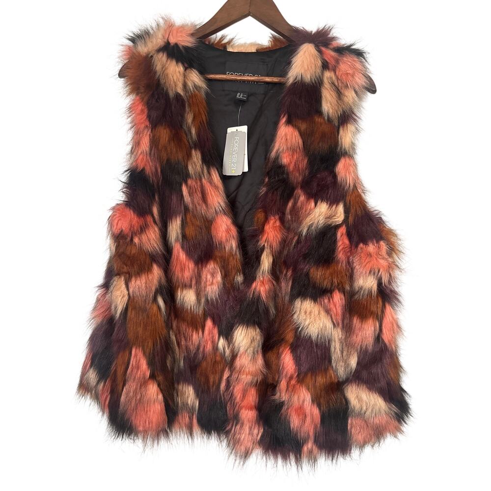 NWT Women's Forever 21 Faux Fur Vest Pink Brown Cream Size 1X